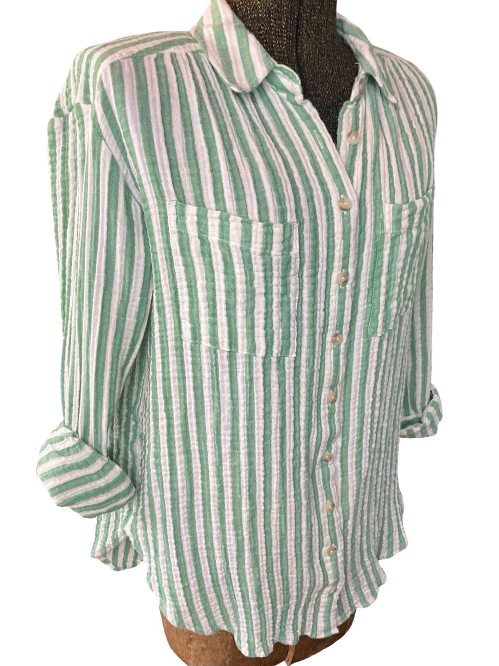 Pilcro Green and White Striped Button Down Shirt - Picture 7 of 15